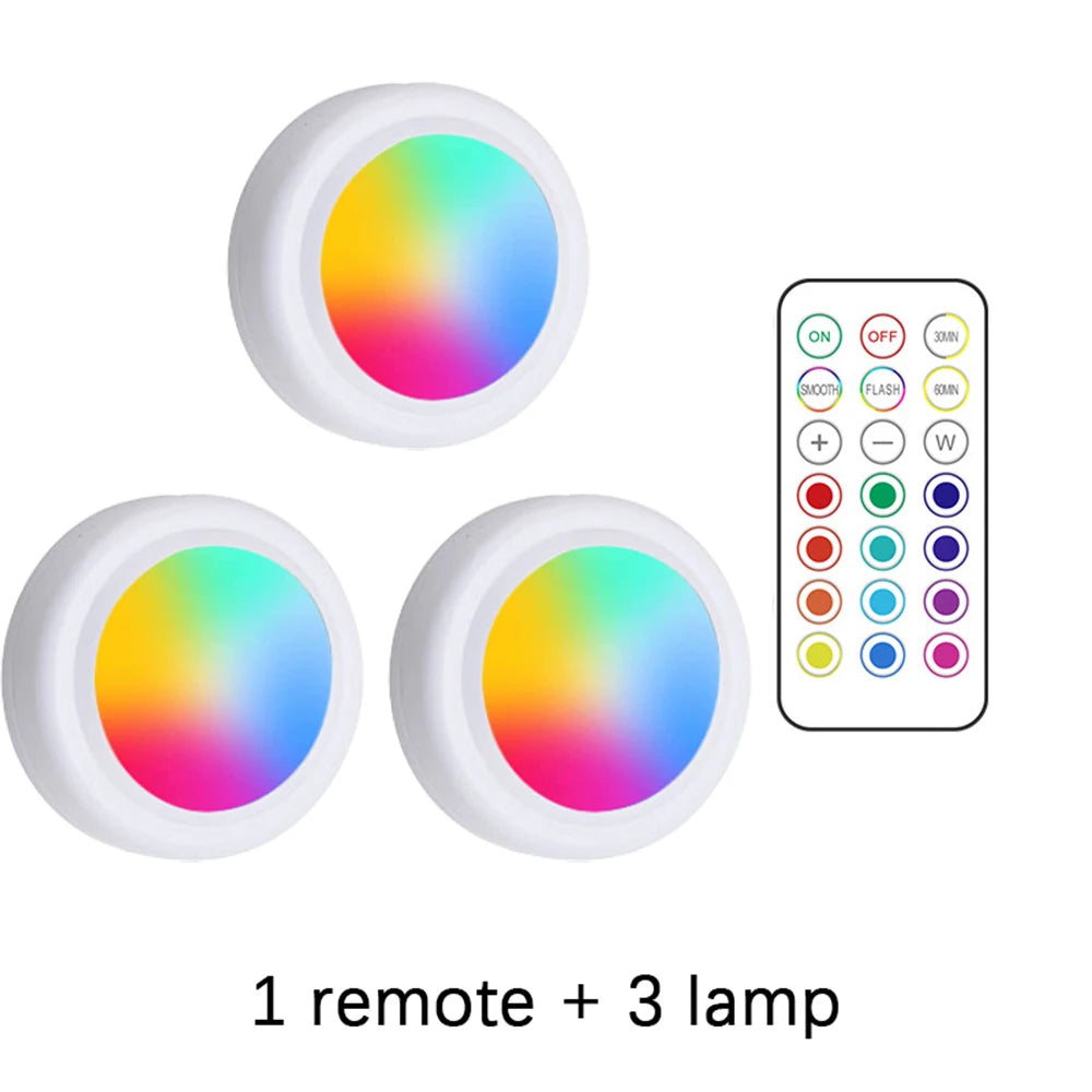 RGB Color under Cabinet Lights Wireless Battery LED Lights Remote Control Dimmable Wardrobe Night Lamp for Bedroom Kitchen