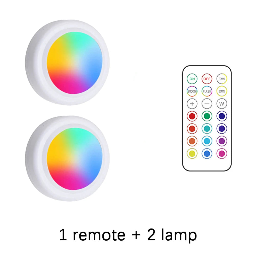 RGB Color under Cabinet Lights Wireless Battery LED Lights Remote Control Dimmable Wardrobe Night Lamp for Bedroom Kitchen