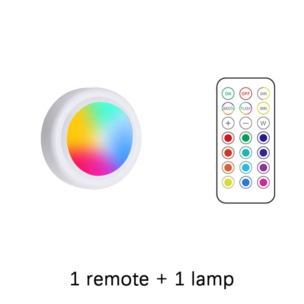 RGB Color under Cabinet Lights Wireless Battery LED Lights Remote Control Dimmable Wardrobe Night Lamp for Bedroom Kitchen