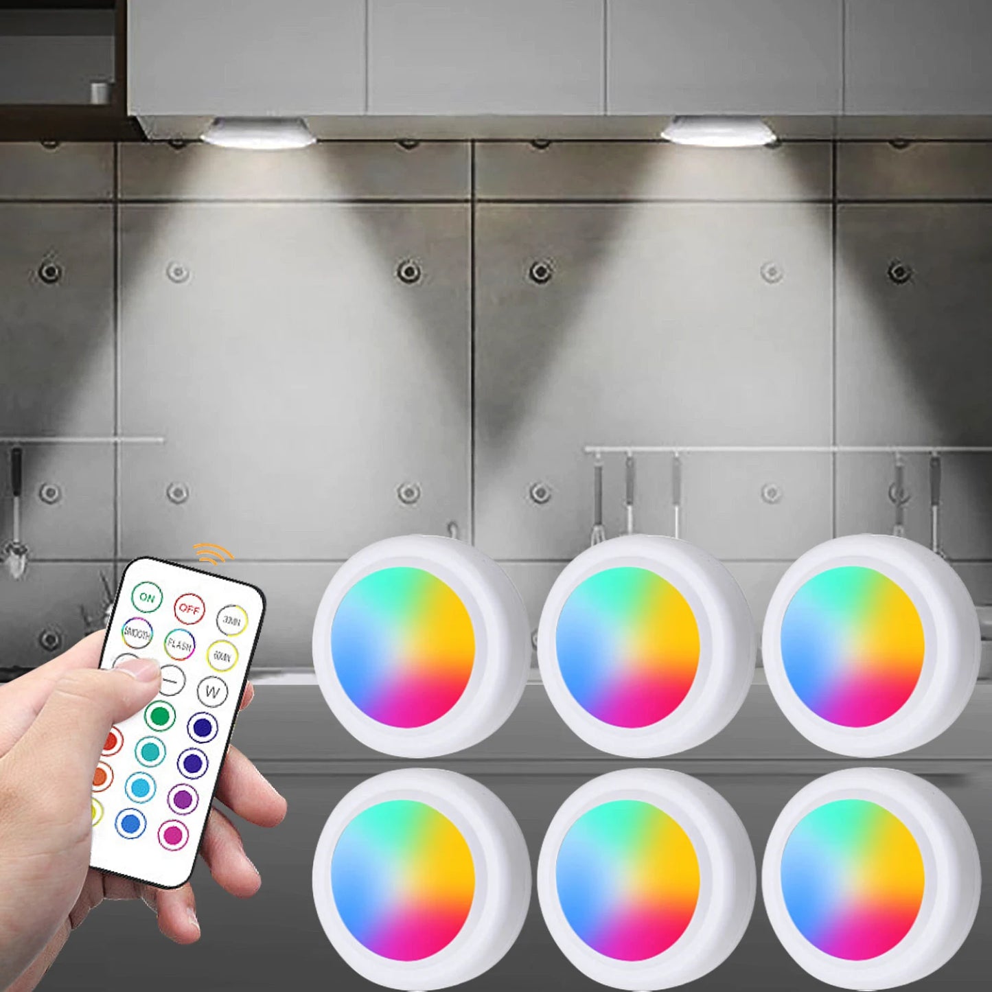 RGB Color under Cabinet Lights Wireless Battery LED Lights Remote Control Dimmable Wardrobe Night Lamp for Bedroom Kitchen