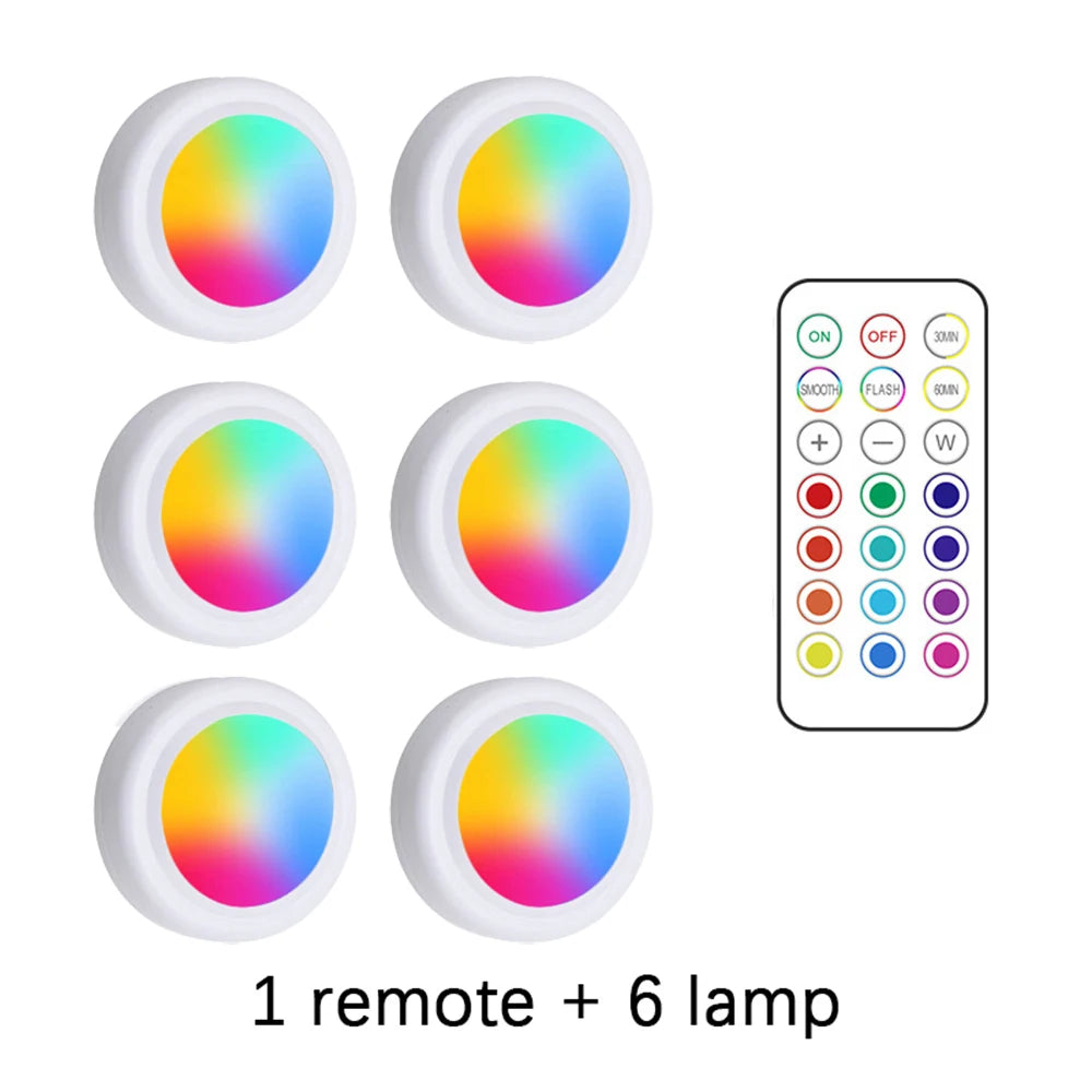 RGB Color under Cabinet Lights Wireless Battery LED Lights Remote Control Dimmable Wardrobe Night Lamp for Bedroom Kitchen