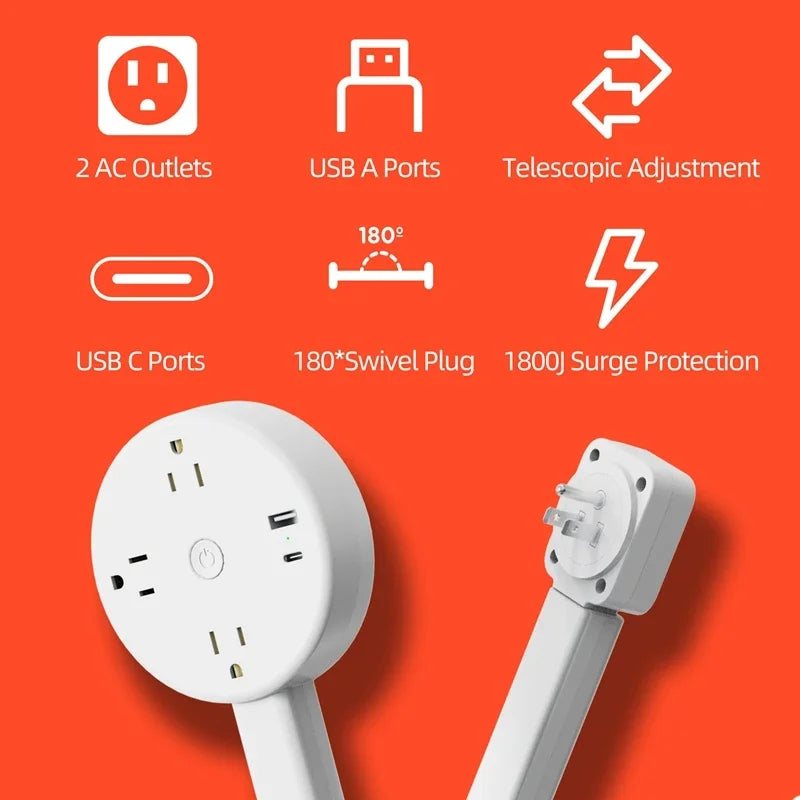 Eu Electrical Wall Plug Rotates Electrical Outlet Extender Adjustable Length Power Outlets Extender Power Socket for Nightstand