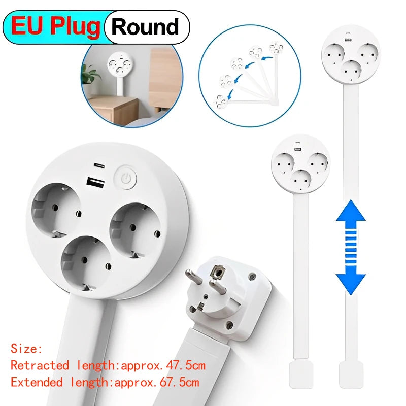 Eu Electrical Wall Plug Rotates Electrical Outlet Extender Adjustable Length Power Outlets Extender Power Socket for Nightstand